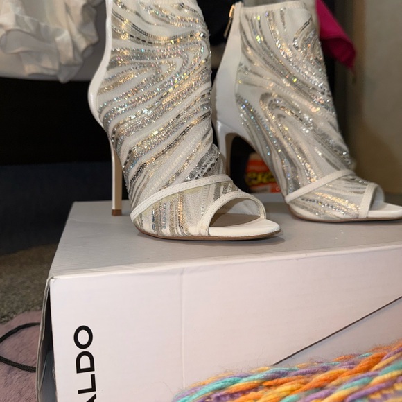 Aldo White and Silver Heeled Boots with Strappy Design and High Stiletto Heel - Picture 10 of 14